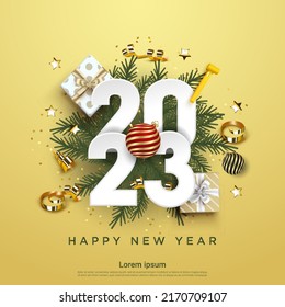 Happy New Year 2023. festive realistic decoration. Celebrate party 2023 on square background