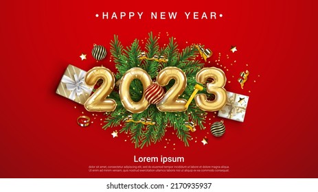 Happy New Year 2023. festive realistic balloon. Celebrate party 2023 on red background