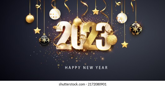 Happy new year 2023  Festive design and Christmas decorations  balls  streamer   garlands 