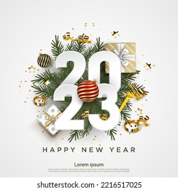 Happy New Year 2023. festive realistic decoration. Celebrate party 2023 on white background