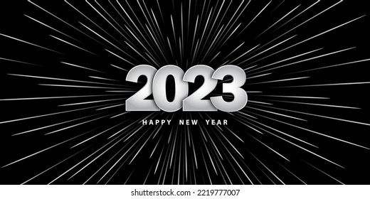 Happy new year 2023. Festive black background with silver numbers and motion rays of light. Holiday banner. Speed light ray. Background in realistic style. Vector illustration 3D. Design wallpaper.