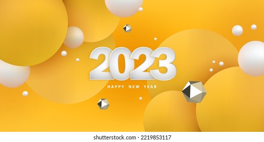 Happy new year 2023  Festive yellow background and 3D spheres   numbers  Banner and white balls   golden polygons  Vector illustration in realistic style  Design poster  flyer  wallpaper  Stock 