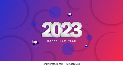 Feliz año nuevo 2023. Fondo de gradiente festivo con esferas y números 3D. Cartel con círculos y bolas. Ilustración vectorial con un estilo realista. Cartel de diseño, volante, papel pintado. Existencias.