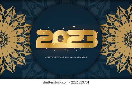 Happy New Year 2023 festive background. Golden pattern on Blue.
