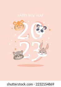 Happy new year, 2023 festive card template with cute animals. Vector llustration in flat style