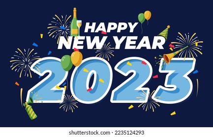 Happy new year 2023. Festive 2023 new year celebration flat colourful design. Trendy and modern design for 2023 new year banner, flyer, greeting card and media post template