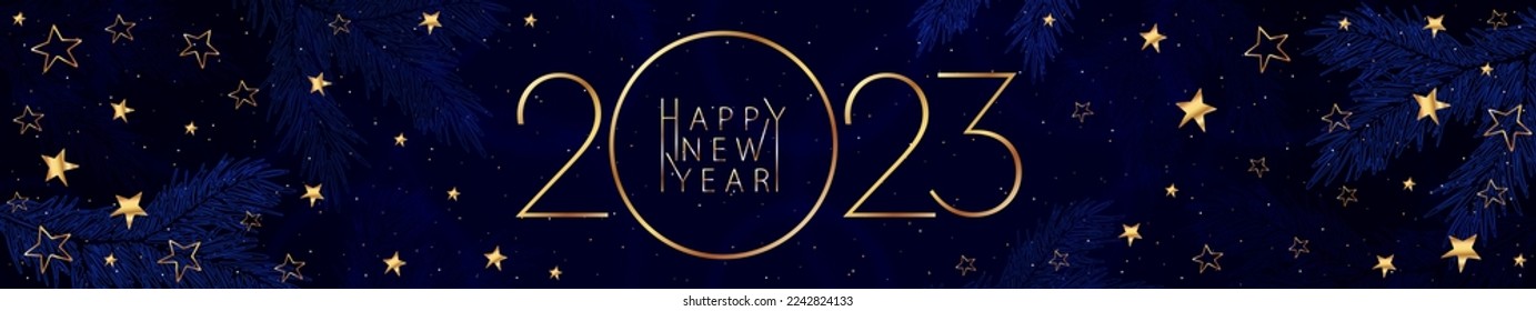 Happy New Year 2023. Festive blue banner of bright color with a stylized golden inscription, stars, highlights and blue spruce branches. Website header banner