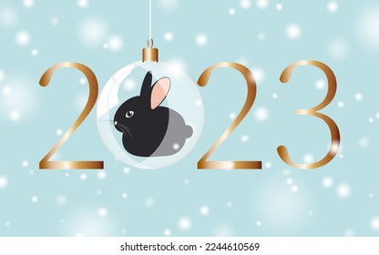 Happy New Year 2023. Festive winter banner on a blue snowy horizontal background with numbers and a glass ball with a black rabbit. Vector.