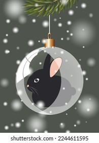 Happy New Year 2023. Festive winter banner on green dark snowy vertical background with glass ball with black rabbit. Vector.
