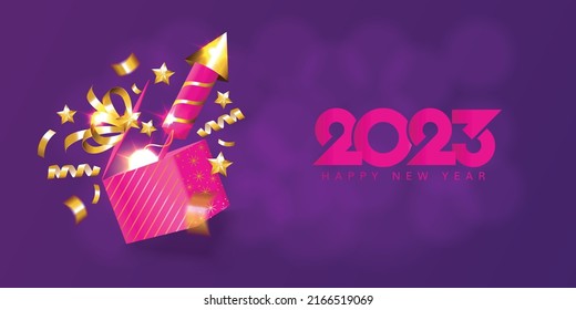Happy new year 2023. Firework rocket launches from gift box in 2023 new year on purple background