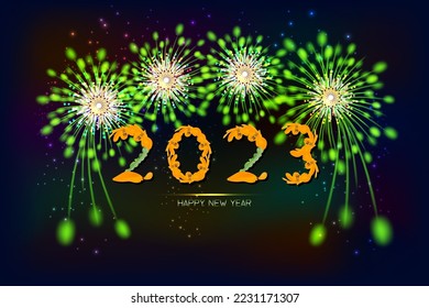 Happy New Year 2023 with fireworks background. illustration vector.