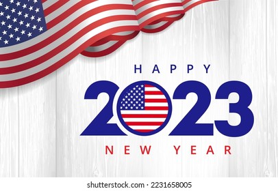 Happy New Year 2023 with flag USA. American creative design for Christmas sale banner or Xmas greeting card. Vector illustration