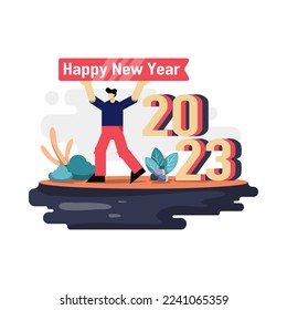 Feliz año nuevo 2023, ilustración plana, concepto de hombre celebrando año nuevo con alegría. adecuado para el diseño de aplicaciones web y móviles