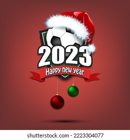 Happy new year 2023. Football logo template design. Soccer ball in santa hat. Design pattern for greeting card, banner, poster. Vector illustration on isolated background