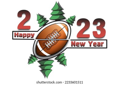Happy new year. 2023 football ball wheel and Christmas trees. Original template design for greeting card, banner, poster. Vector illustration on isolated background