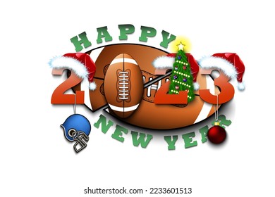 Happy new year. 2023 with football ball. Numbers in Christmas hats with football helmet and Christmas tree ball. Original template design for greeting card. Vector illustration on isolated background