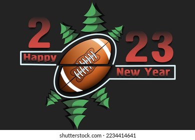 Happy new year. 2023 football ball wheel and Christmas trees. Original template design for greeting card, banner, poster. Vector illustration on isolated background