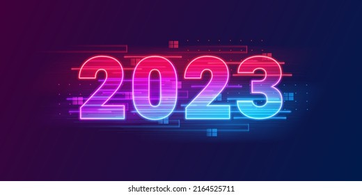 Feliz año nuevo 2023 futuro metaverso neón texto con efecto metálico, números y líneas de futurismo. Tarjeta de felicitación vectorial, banner, cartel de felicitación, ilustración 3d. Luz electrónica moderna de moda