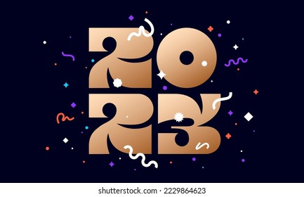 Happy New Year 2023. Geometric bright style for happy new year 2023. Holiday background, happy new year symbol for web, print. Greeting card, banner, poster with inscription 2023. Vector Illustration