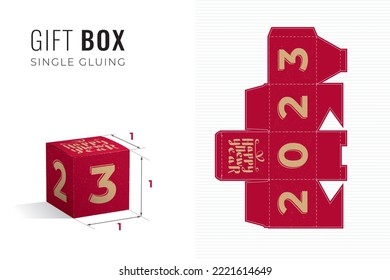 Happy New Year 2023 Gift Box Cube Die Cut Template with 3D Preview - Light Blueprint Layout with Cutting and Scoring Lines over Gold Lettering on Red - Vector Packaging Graphic Design