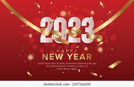 Happy new year 2023 with glitter and ribbon on red background