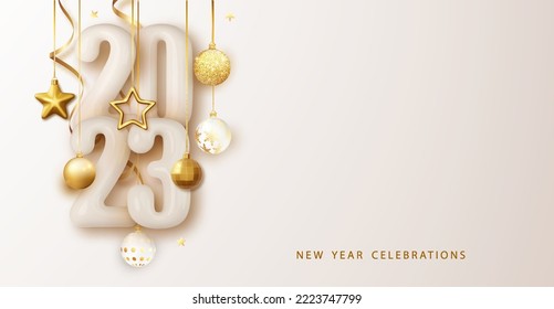 Happy New Year 2023 glossy number. Festive design with Christmas decorations, balls, streamer and garlands