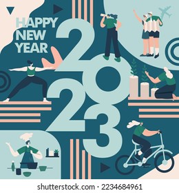 Feliz año nuevo 2023. Ilustración conceptual de los objetivos y resoluciones de 2023. gente pequeña divirtiéndose con sus objetivos en 2023.