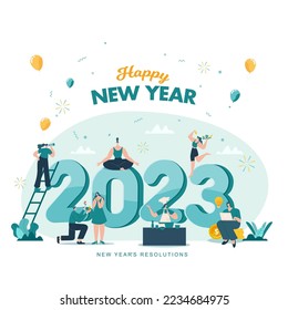 Feliz año nuevo 2023. Ilustración conceptual de los objetivos y resoluciones de 2023. gente pequeña divirtiéndose con sus objetivos en 2023.