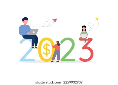 Happy new year 2023. Goals and resolutions 2023 concept illustration. tiny people having fun with their goals for web, banner, poster and landing page.