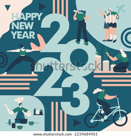 Happy new year 2023. 2023 Goals and resolutions concept illustration. tiny people having fun with their goals in 2023.