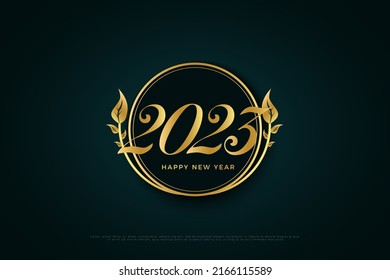 happy new year 2023 with gold leaf frame.