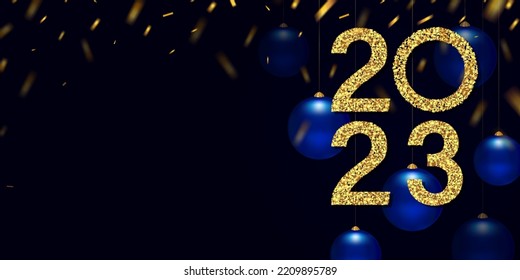 Happy New Year 2023. Gold numbers from confetti and blue glass balls on a dark blue background. Holiday card design, banner