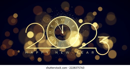 Happy New Year 2023. Gold numbers and clock with five minutes countdown. Celebration midnight. Blur light on holiday background. Vector illustration
