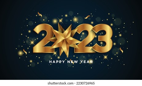 Happy new year 2023. Gold paper numbers with golden Christmas decoration and confetti on dark blue background.