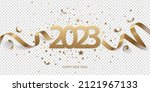 Happy New Year 2023. Golden numbers with ribbons and confetti on a transparent background.