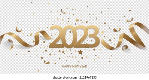 Happy New Year 2023. Golden numbers with ribbons and confetti on a transparent background. - Shutterstock ID 2121967133