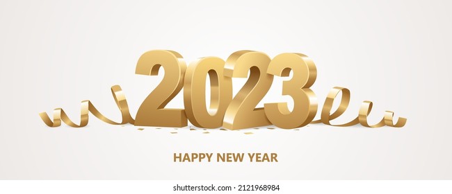 Happy New Year 2023. Golden 3D numbers with ribbons and confetti on a white background.