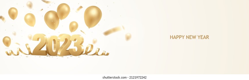 Happy new year 2023. Golden 3D numbers with balloons and confetti on white horizontal background.