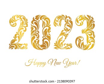 Happy New Year 2023. Golden figures with made in floral ornament isolated on a white background. Suitable for greeting card, banner, poster