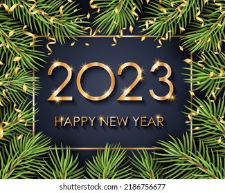 Happy new year 2023 golden text on black background and Christmas tree with confetti. Vector illustration.