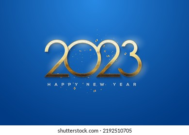 Happy new year 2023 with golden numbers on blue background