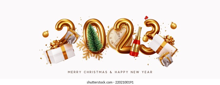 Happy New Year 2023. Golden metal number. Realistic 3d render sign. festive realistic decoration. Celebrate party 2023, Web Poster, banner, cover card, brochure, flyer, layout design. White background - Shutterstock ID 2202100191