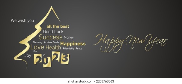 Happy New Year 2023 golden negative space numbers abstract christmas tree word cloud white black background vector greeting card