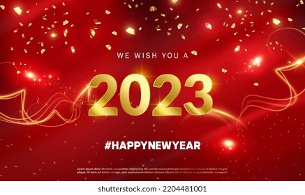 Happy new year 2023 with golden numbers and festive confetti on red background. Shiny party background. New year ornament. Festive premium template for holiday. Greeting Card, Banner, Poster. Vector