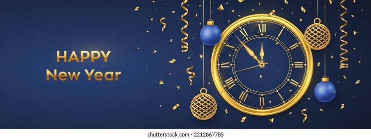 Happy New Year 2023. Golden shiny watch with Roman numeral and countdown midnight, eve for New Year. Background with shining gold and blue balls. Merry Christmas. Xmas holiday. Vector illustration.