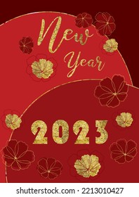 Happy New Year 2023 golden flower cosmos text design. Happy Chinese New Year 2023. Cover of business  text design. Vector illustration with black labels isolated in red golden design
