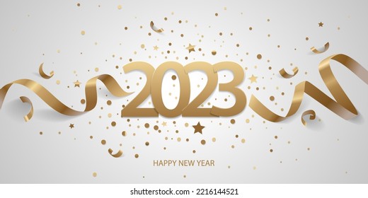 Happy New Year 2023. Golden numbers with ribbons and confetti on a white background.