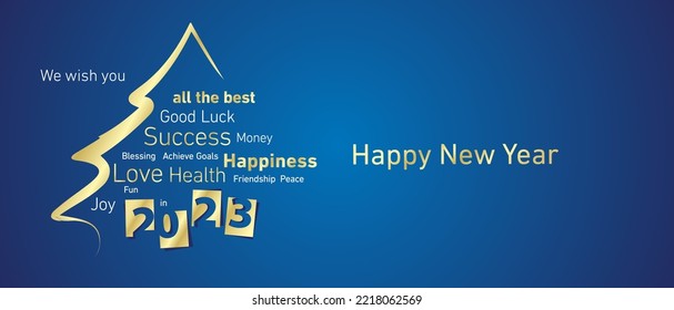 Happy New Year 2023 golden negative space numbers abstract christmas tree word cloud white blue background vector greeting card