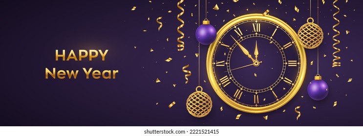 Happy New Year 2023. Golden shiny watch with Roman numeral and countdown midnight, eve for New Year. Background with shining gold and purple balls. Merry Christmas. Xmas holiday. Vector illustration.