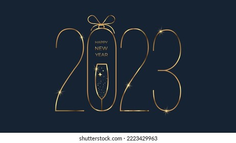 Happy New Year 2023 golden number with glass champagne. Vector holiday composition of numbers.